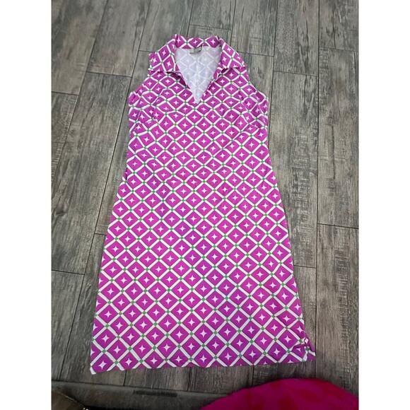 Katherine Way Pink Scallop Summer Stretch V-Neck Sheath Dress Size Small - Picture 1 of 6